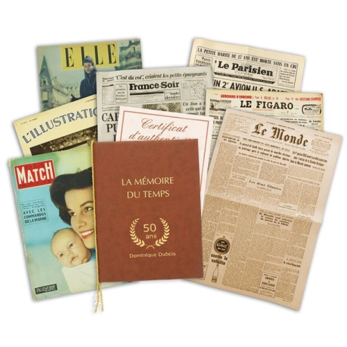 Divers journaux et magazines du jour de naissance, dont Paris Match, Le Parisien, L’illustration, France Soir, ou encore Elle.
