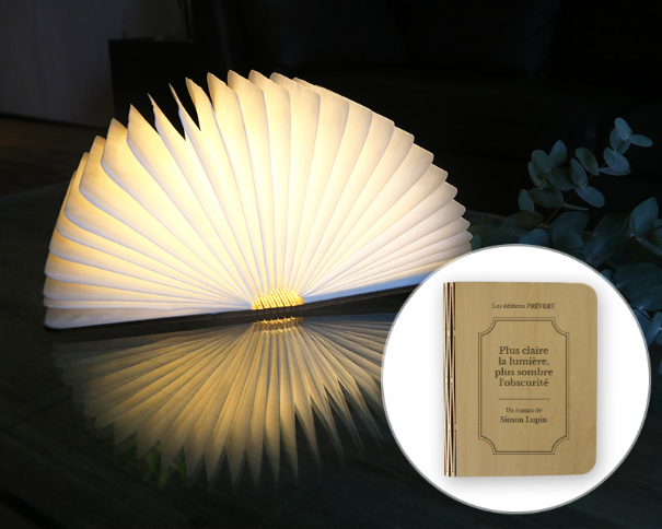 lampe de chevet en forme de livre, ouverte, avec en médaillon la lampe fermée. Couverture personnalisée.