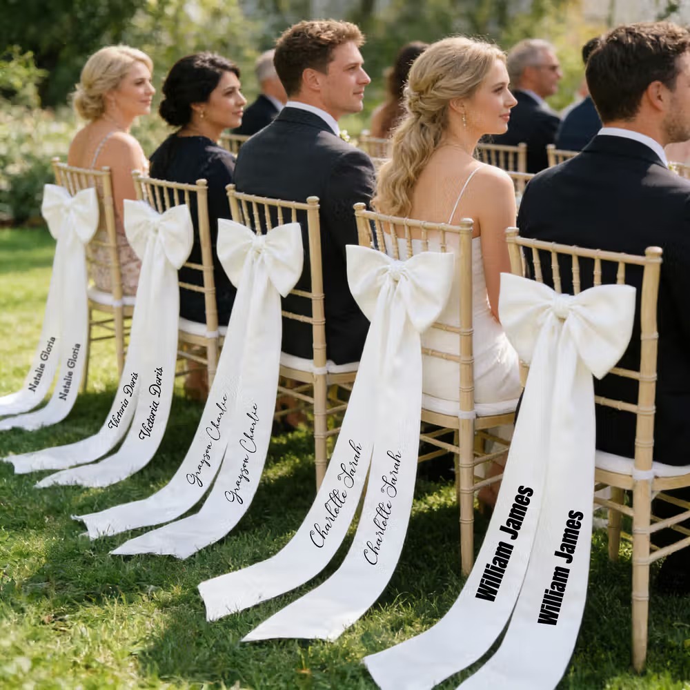 Comment décorer les chaises des mariés ? Un ruban personnalisé qui ajoute une touche romantique