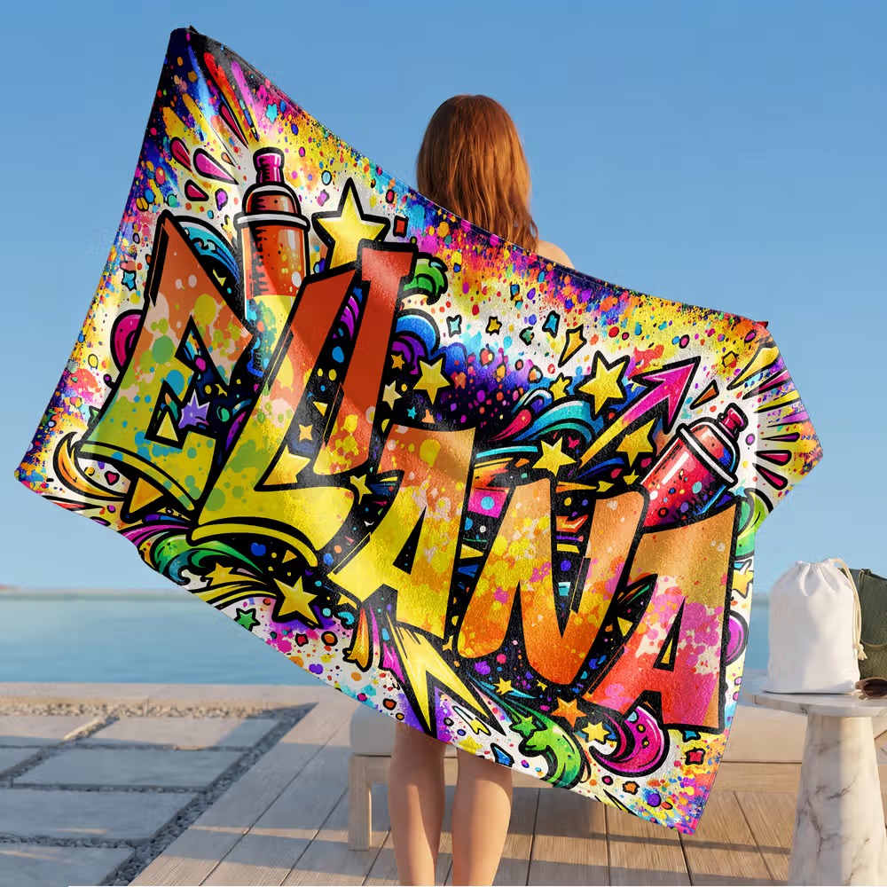 Serviette de plage personnalisée style graffiti : l’accessoire qui ne passe pas inaperçu