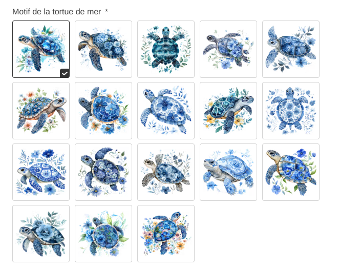 Apercu des differents motifs de tortues de mer fleuries disponibles pour la personnalisation