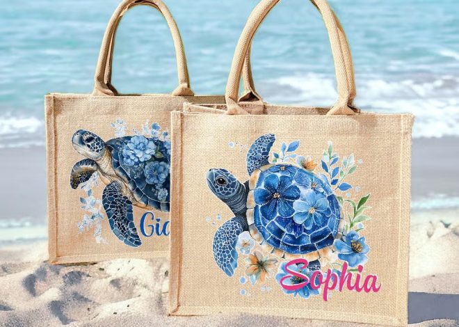 Sac fourre-tout en jute personnalisé tortue de mer : l’élégance estivale au naturel