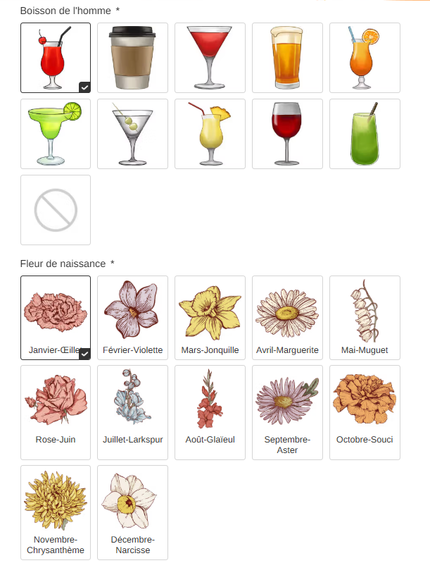Les nombreuses options de personnalisation de la serviette : coiffure, vêtements, boissons et fleurs de naissance