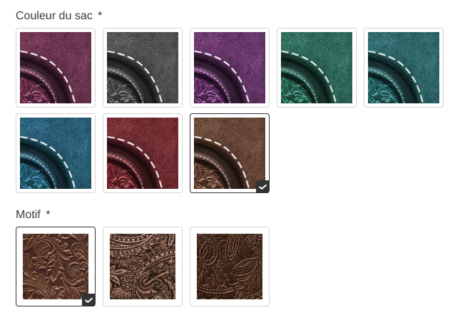 Palette des couleurs et textures de relief disponibles pour le sac à main chat