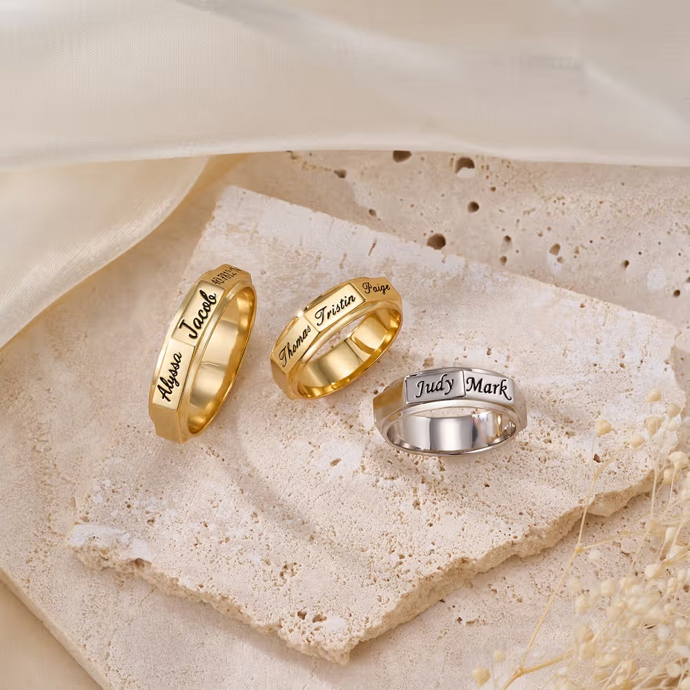 Bague de Famille Octogonale en Argent Sterling : Le Bijou Gravé aux Noms de Vos Proches