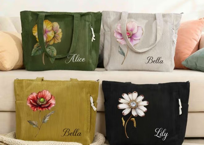 Sac Cabas en Velours Côtelé Personnalisé Fleur de Naissance : Le Compagnon Tendance