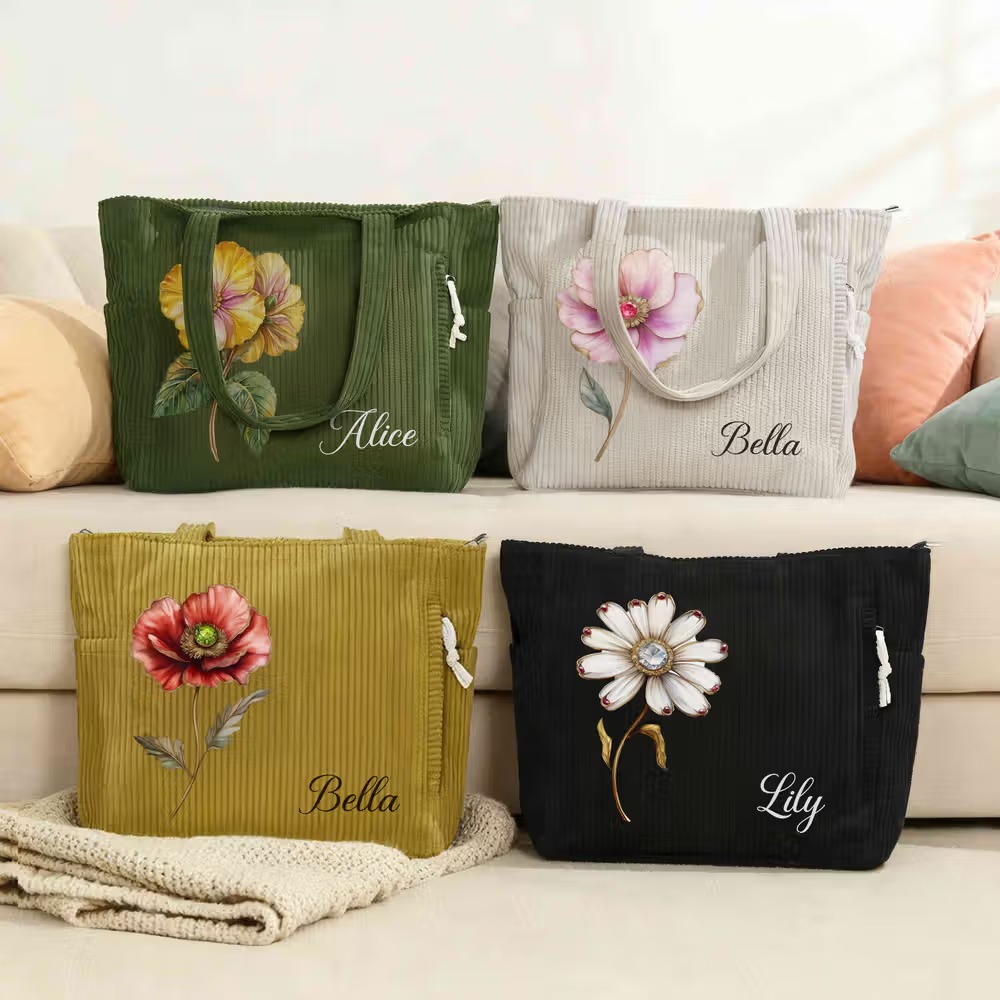 Sac Cabas en Velours Côtelé Personnalisé Fleur de Naissance : Le Compagnon Tendance